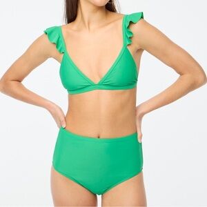 J. Crew Ruffle Shoulder V-Neck Bikini Top High Waisted Bottoms Lime Green NWT